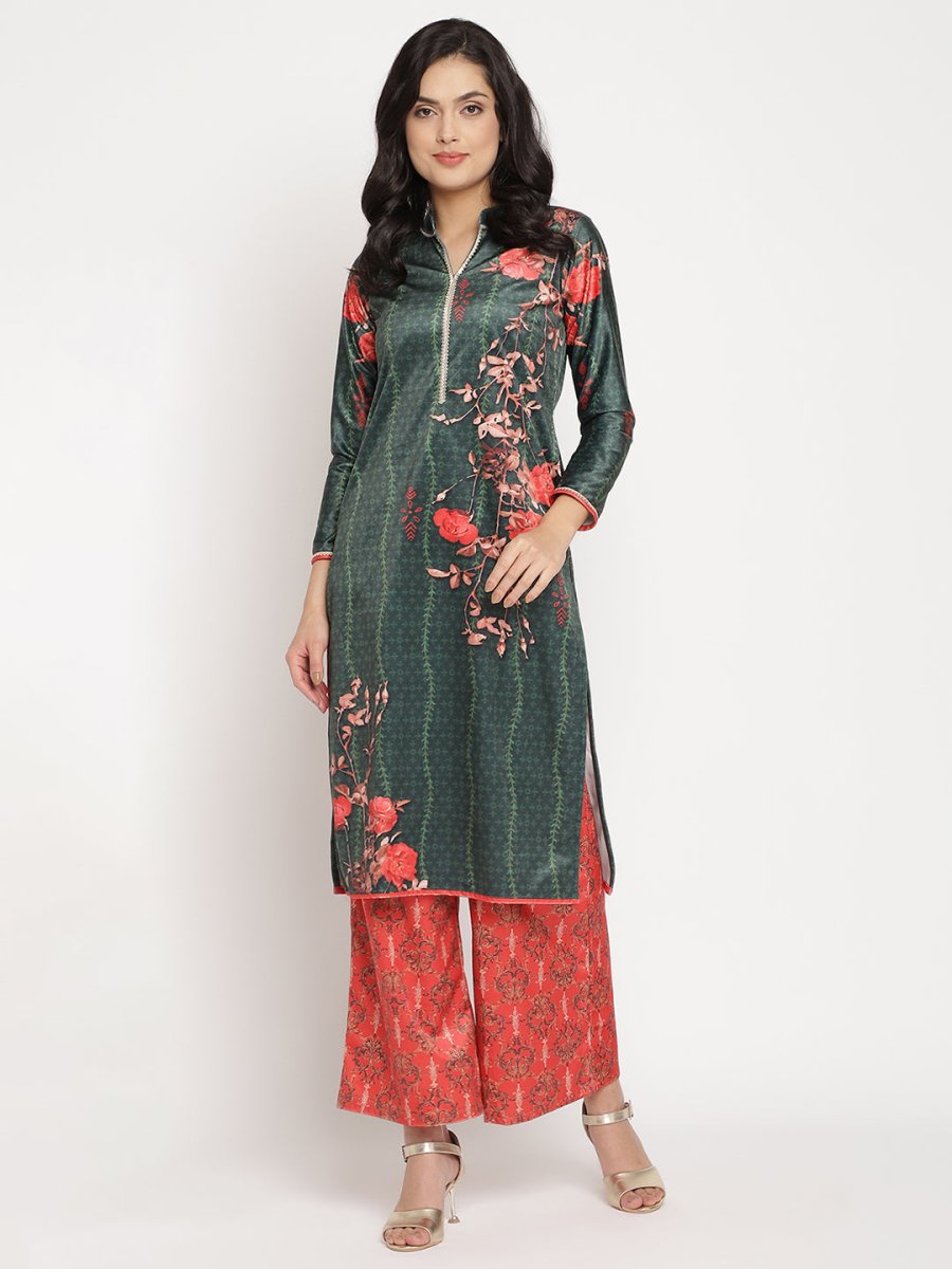 Ahalyaa Women's Dark Green Color Digital Print Velvet Kurta With Palazzo