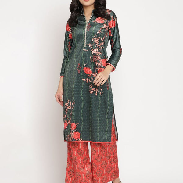 Ahalyaa Women's Dark Green Color Digital Print Velvet Kurta With Palazzo