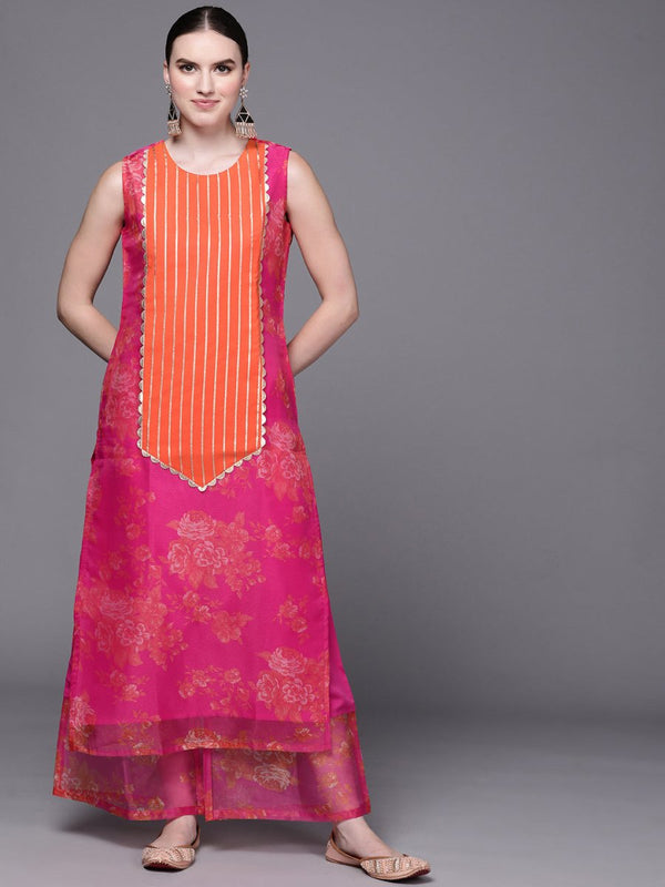 Ahalyaa Women Pink Floral Printed Gotta Patti Kurta with Palazzos - Distacart