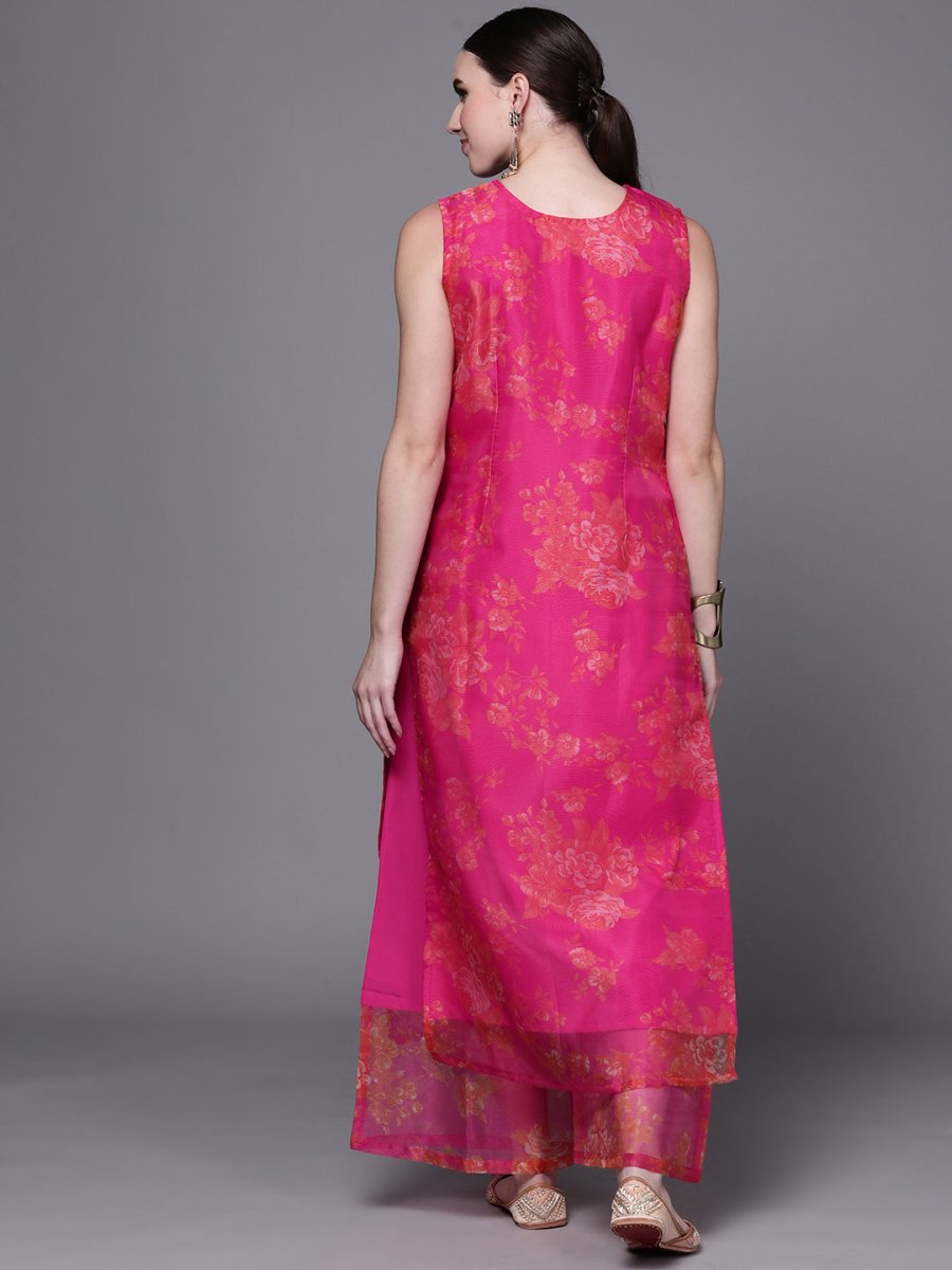 Ahalyaa Women Pink Floral Printed Gotta Patti Kurta with Palazzos - Distacart
