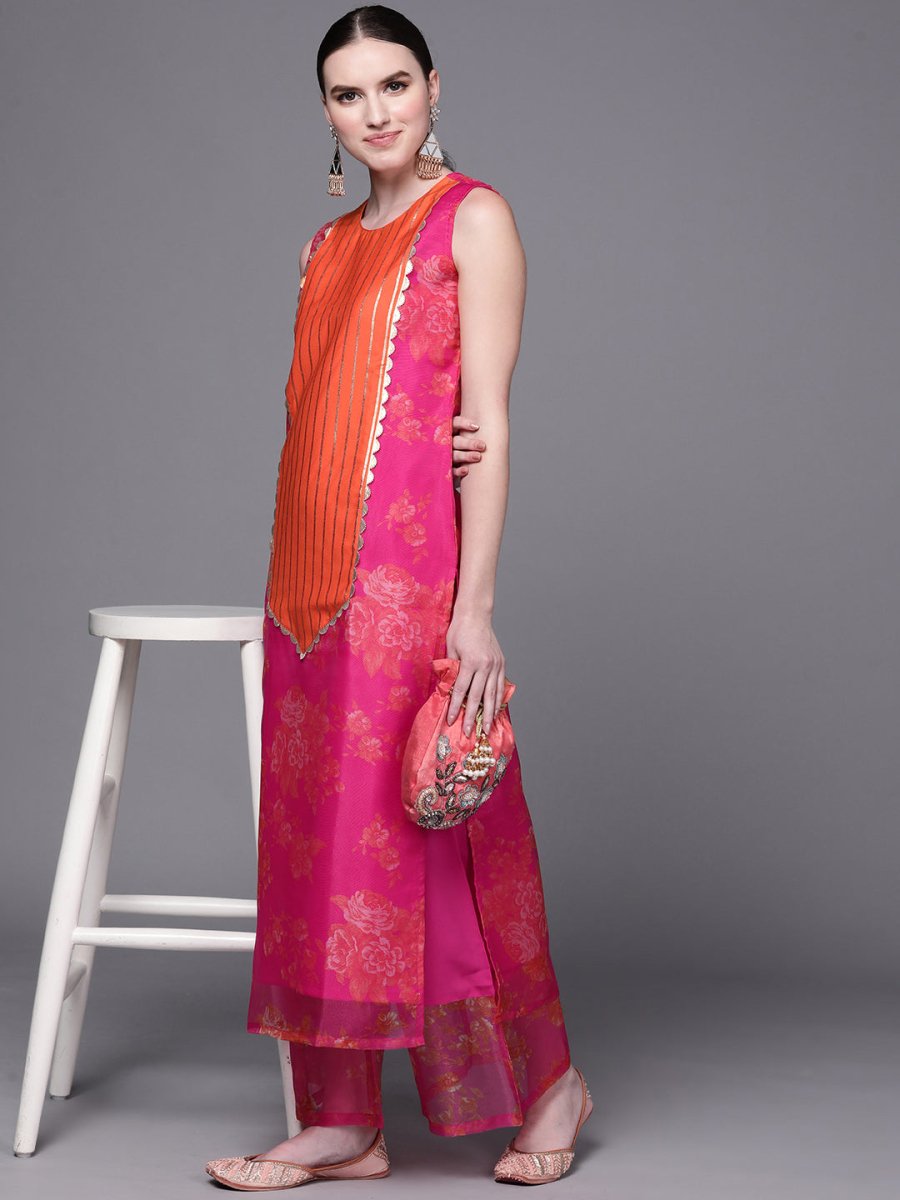 Ahalyaa Women Pink Floral Printed Gotta Patti Kurta with Palazzos - Distacart