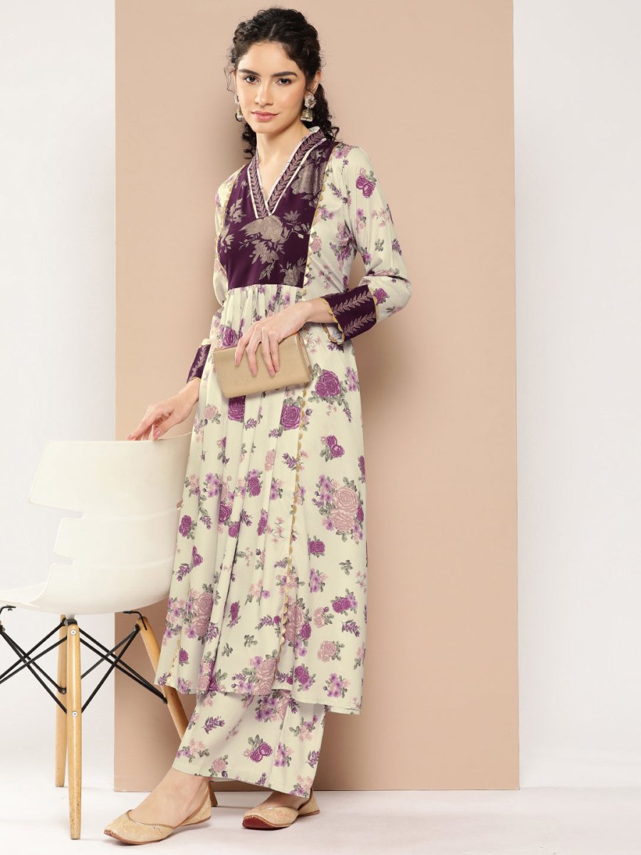 Ahalyaa Women Floral Printed Pleated Gotta Patti Kurta with Palazzos - Distacart