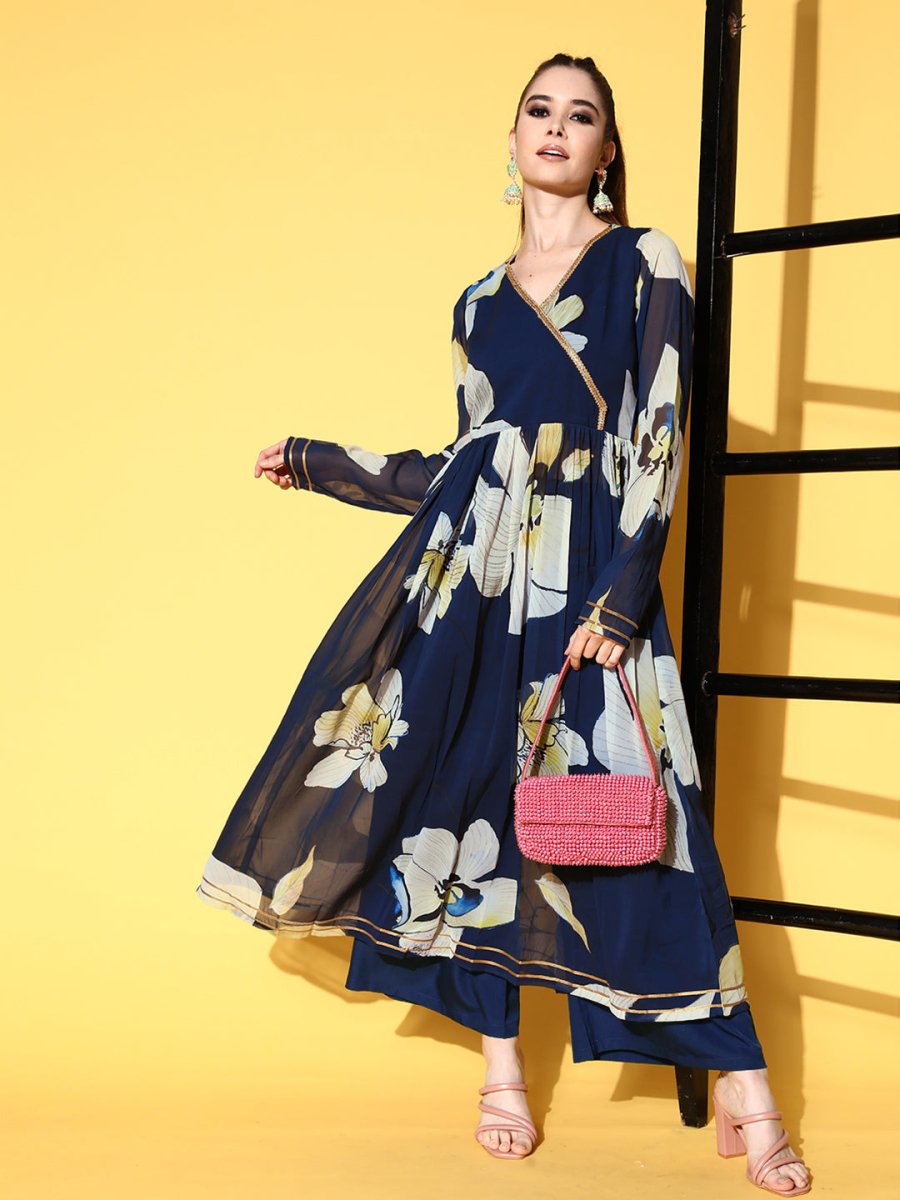 Ahalyaa Women Floral Printed Navy Blue Angrakha Kurta with Palazzos - Distacart