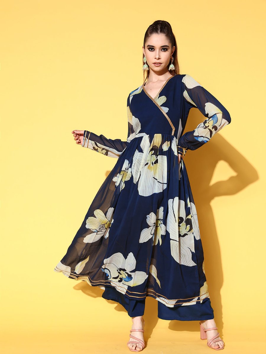 Ahalyaa Women Floral Printed Navy Blue Angrakha Kurta with Palazzos - Distacart