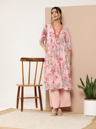 Ahalyaa Women Floral Printed Pleated Kurta With Palazzos - Distacart