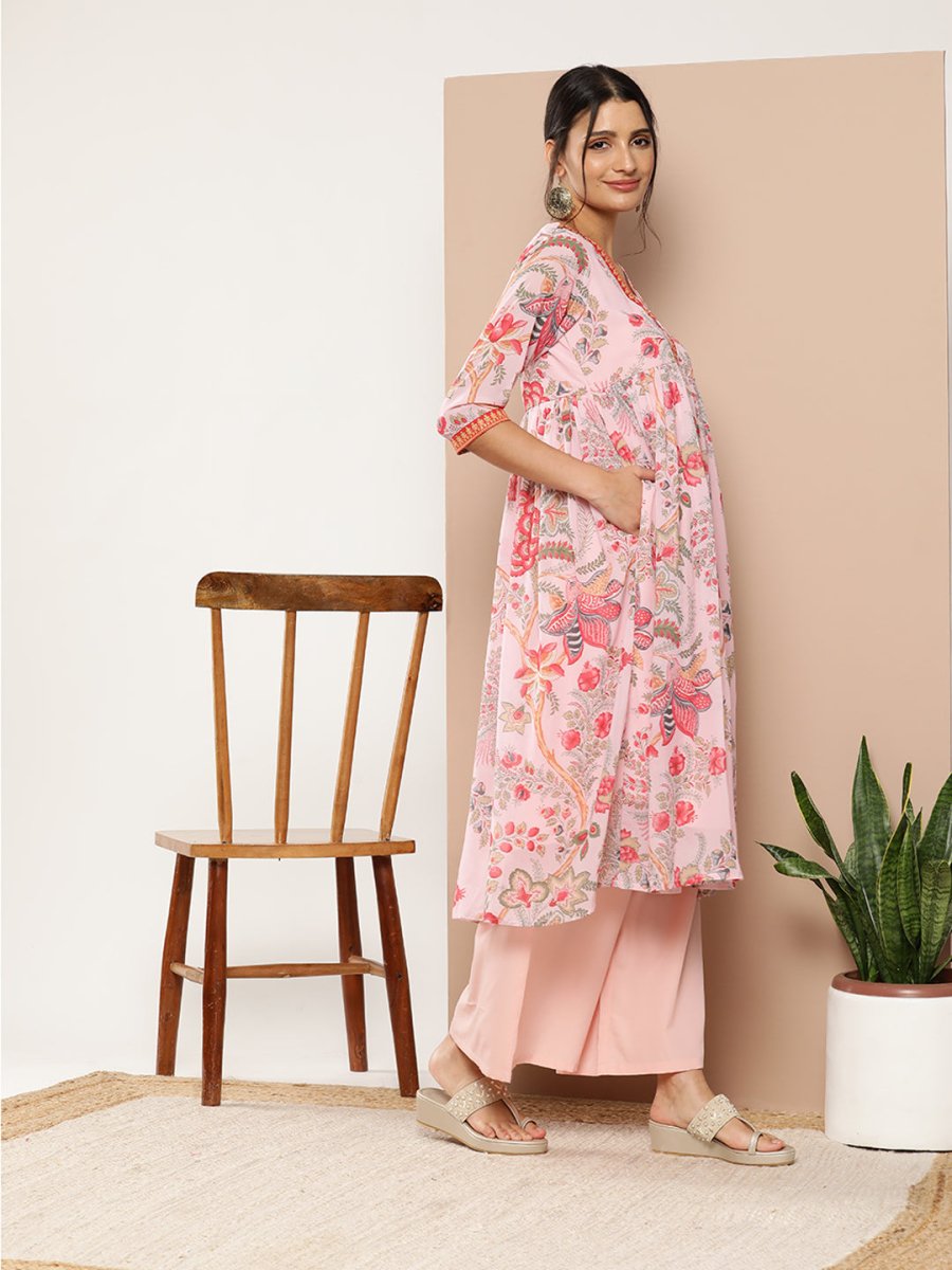 Ahalyaa Women Floral Printed Pleated Kurta With Palazzos - Distacart