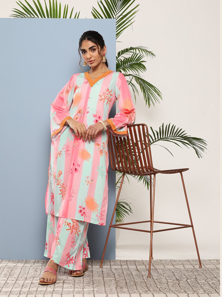 Ahalyaa Women Pink Floral Printed Pleated Gotta Patti Kurta with Palazzos - Distacart