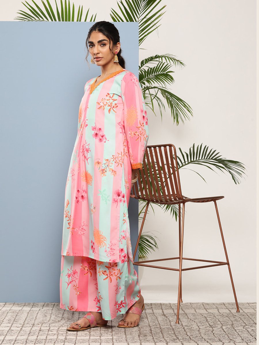 Ahalyaa Women Pink Floral Printed Pleated Gotta Patti Kurta with Palazzos - Distacart