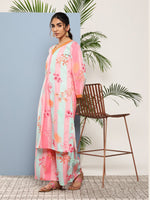 Thumbnail for Ahalyaa Women Pink Floral Printed Pleated Gotta Patti Kurta with Palazzos - Distacart
