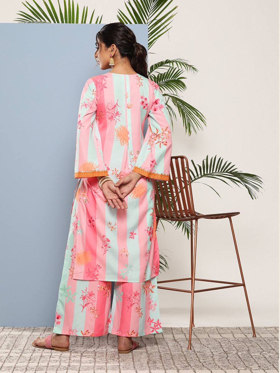Ahalyaa Women Pink Floral Printed Pleated Gotta Patti Kurta with Palazzos - Distacart