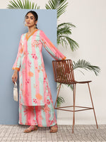 Thumbnail for Ahalyaa Women Pink Floral Printed Pleated Gotta Patti Kurta with Palazzos - Distacart