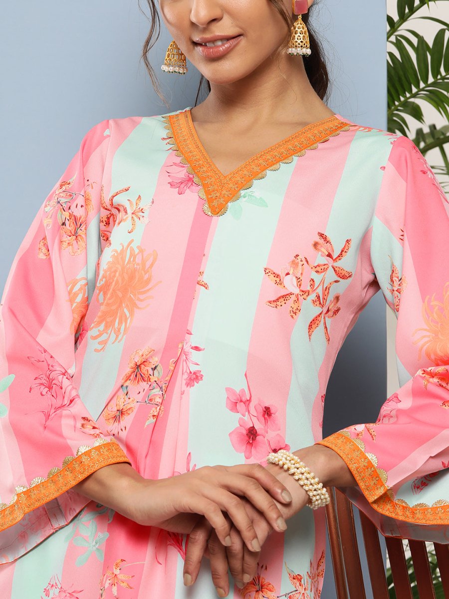 Ahalyaa Women Pink Floral Printed Pleated Gotta Patti Kurta with Palazzos - Distacart