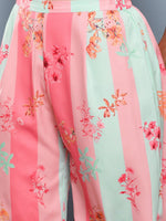 Thumbnail for Ahalyaa Women Pink Floral Printed Pleated Gotta Patti Kurta with Palazzos - Distacart