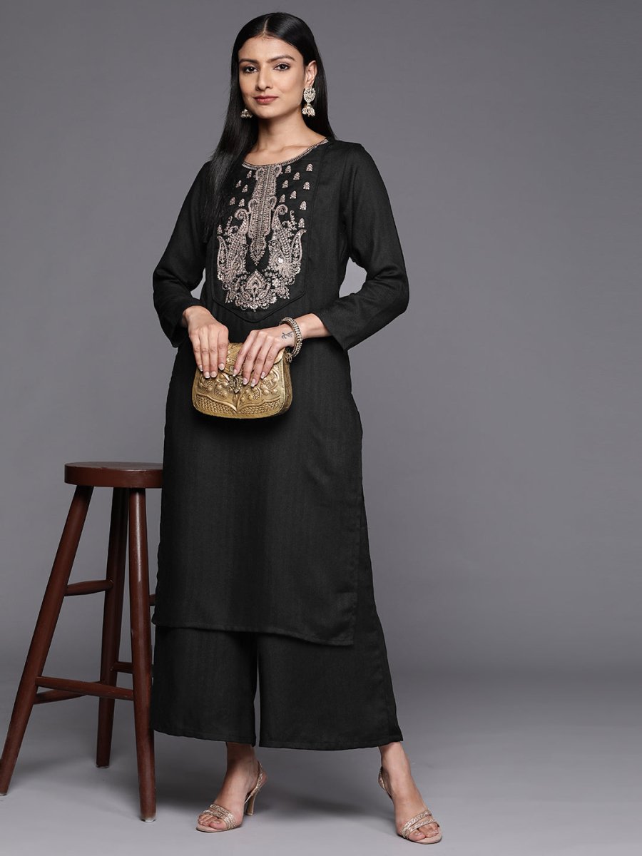 Ahalyaa Women Black Embroidered Aari Work Pashmina Kurta With Palazzos - Distacart