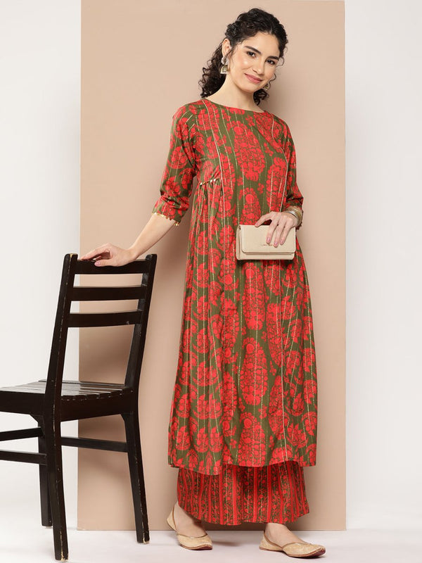 Ahalyaa Women Floral Printed Panelled Sequinned Kurta with Palazzos - Distacart
