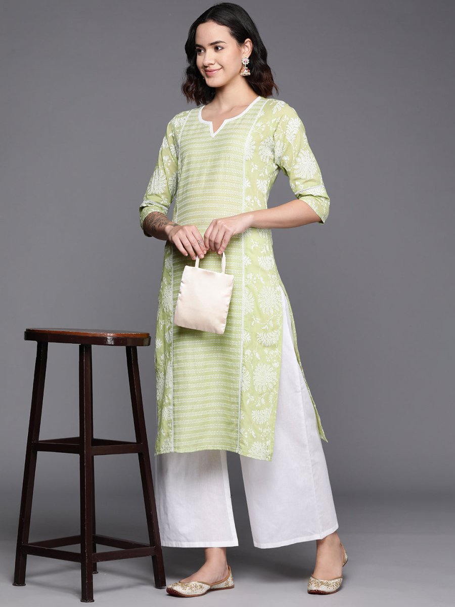 Ahalyaa Floral Printed Panelled Sweetheart Neck Pure Cotton Kurta With Palazzos - Distacart