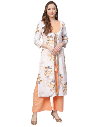 Ahalyaa White & Peach Floral Jacket Style Kurta With Plazzo - Distacart