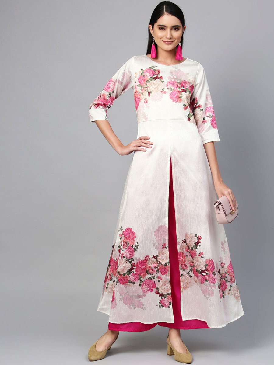 Ahalyaa Women Off-White & Pink Printed Kurta with Palazzo