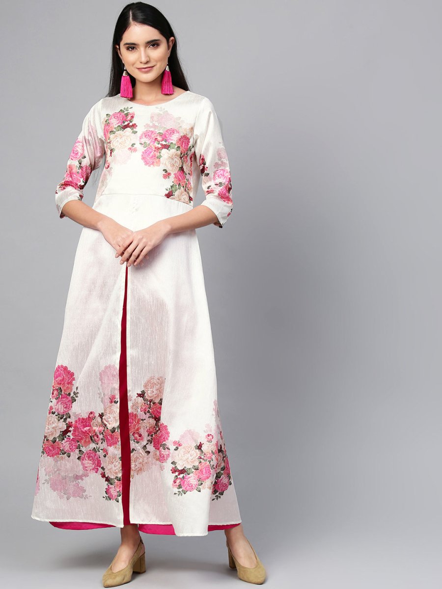 Ahalyaa Women Off-White & Pink Printed Kurta with Palazzo
