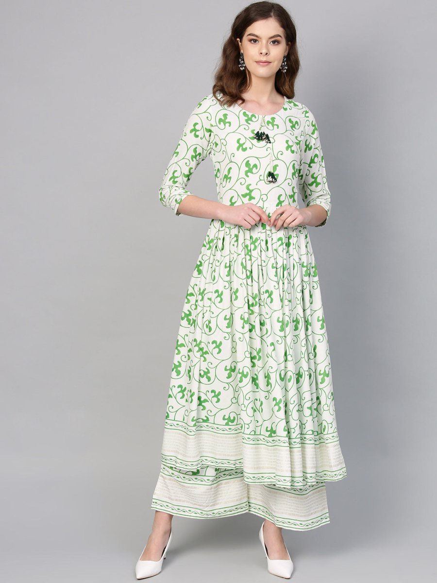 Ahalyaa Green Round Neck Assymetrical Floral Kurta with Palazzo