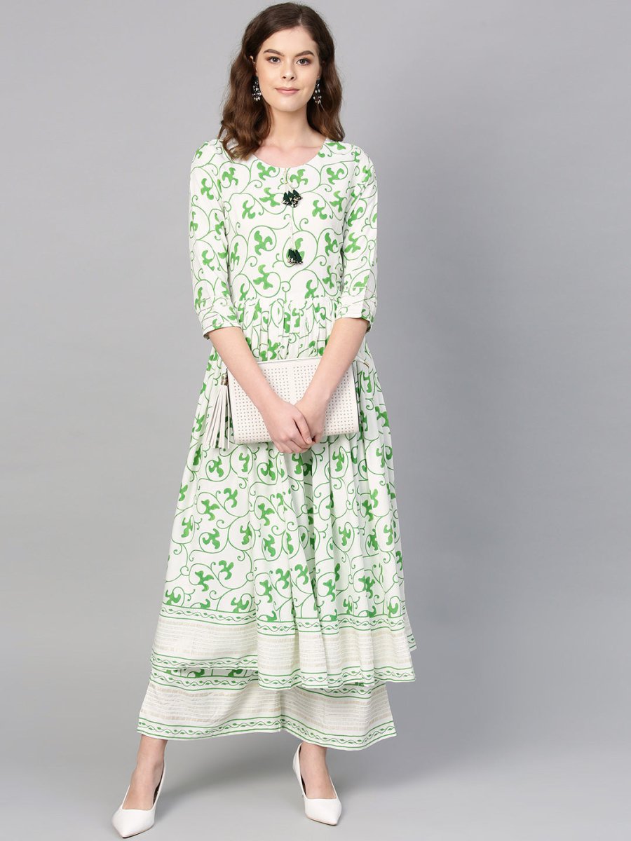 Ahalyaa Green Round Neck Assymetrical Floral Kurta with Palazzo