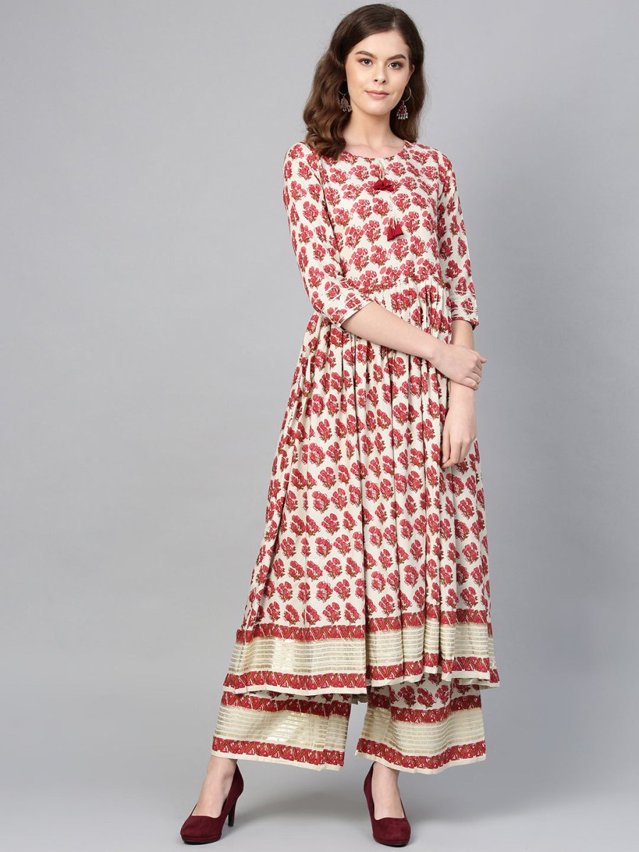 Ahalyaa Multi-color Round Neck Asymmetrical Floral Kurta with Palazzo