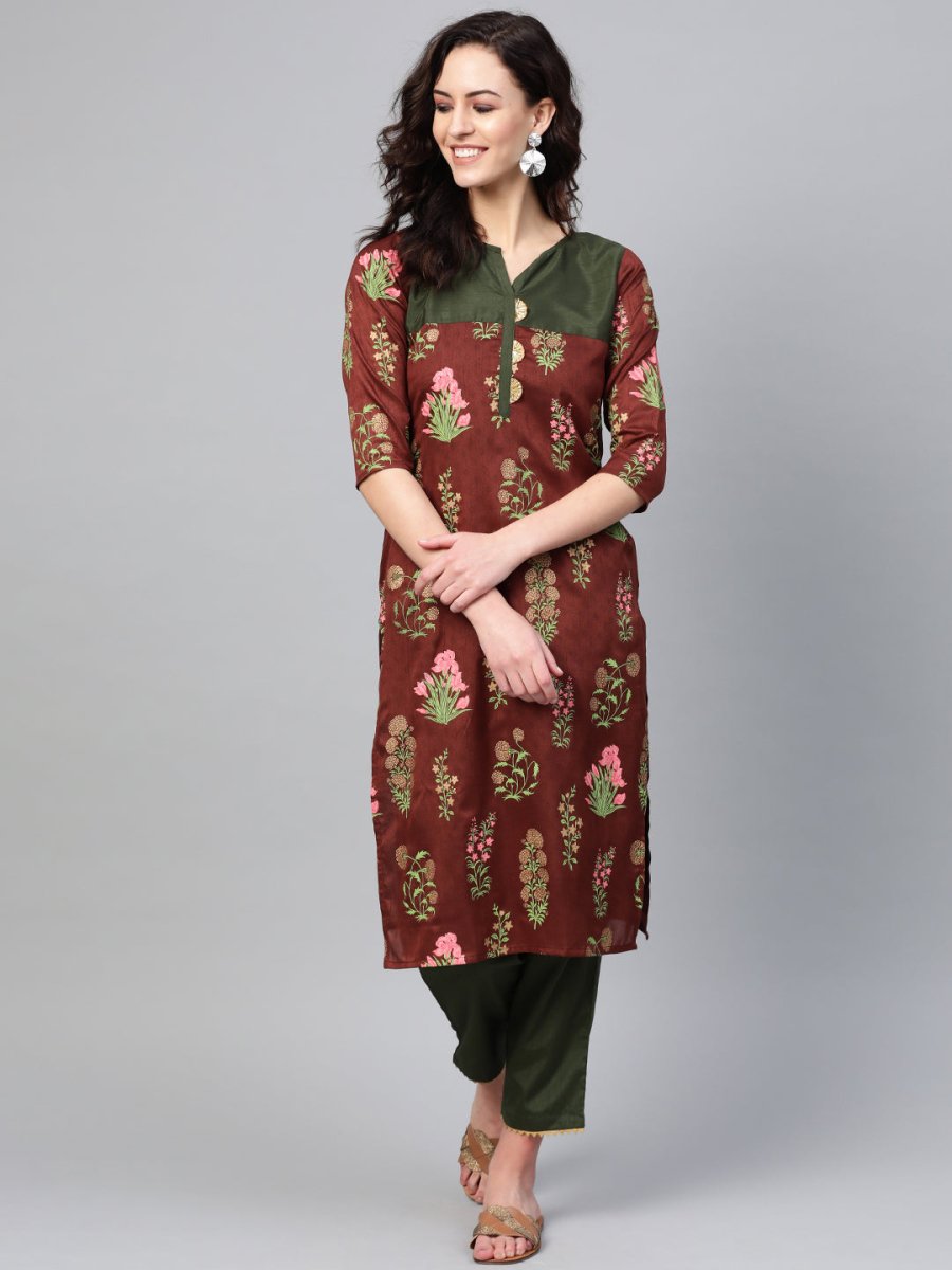 Ahalyaa Women Brown & Olive Green Printed Kurta with Palazzo