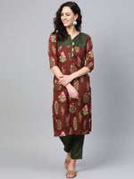 Thumbnail for Ahalyaa Women Brown & Olive Green Printed Kurta with Palazzo