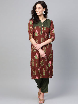 Ahalyaa Women Brown & Olive Green Printed Kurta with Palazzo
