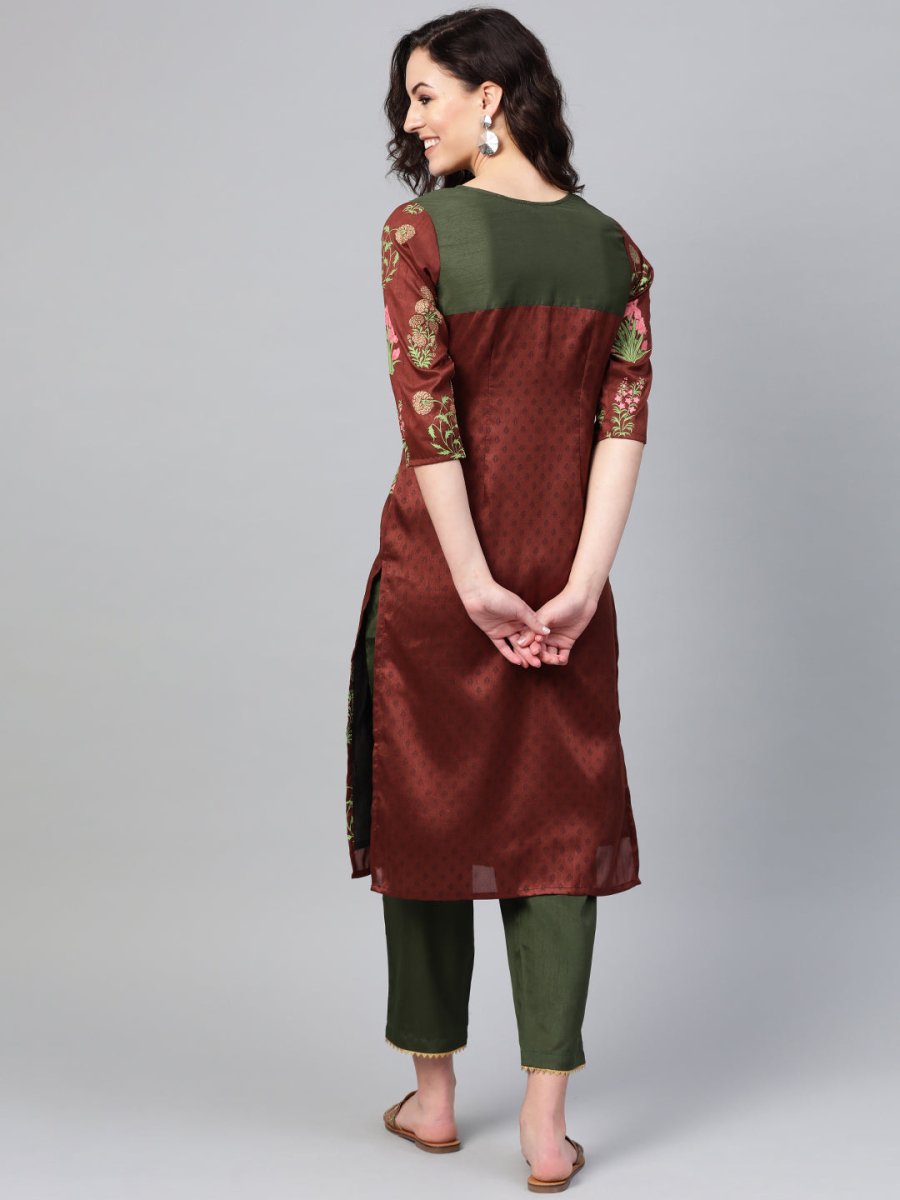 Ahalyaa Women Brown & Olive Green Printed Kurta with Palazzo