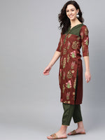 Thumbnail for Ahalyaa Women Brown & Olive Green Printed Kurta with Palazzo