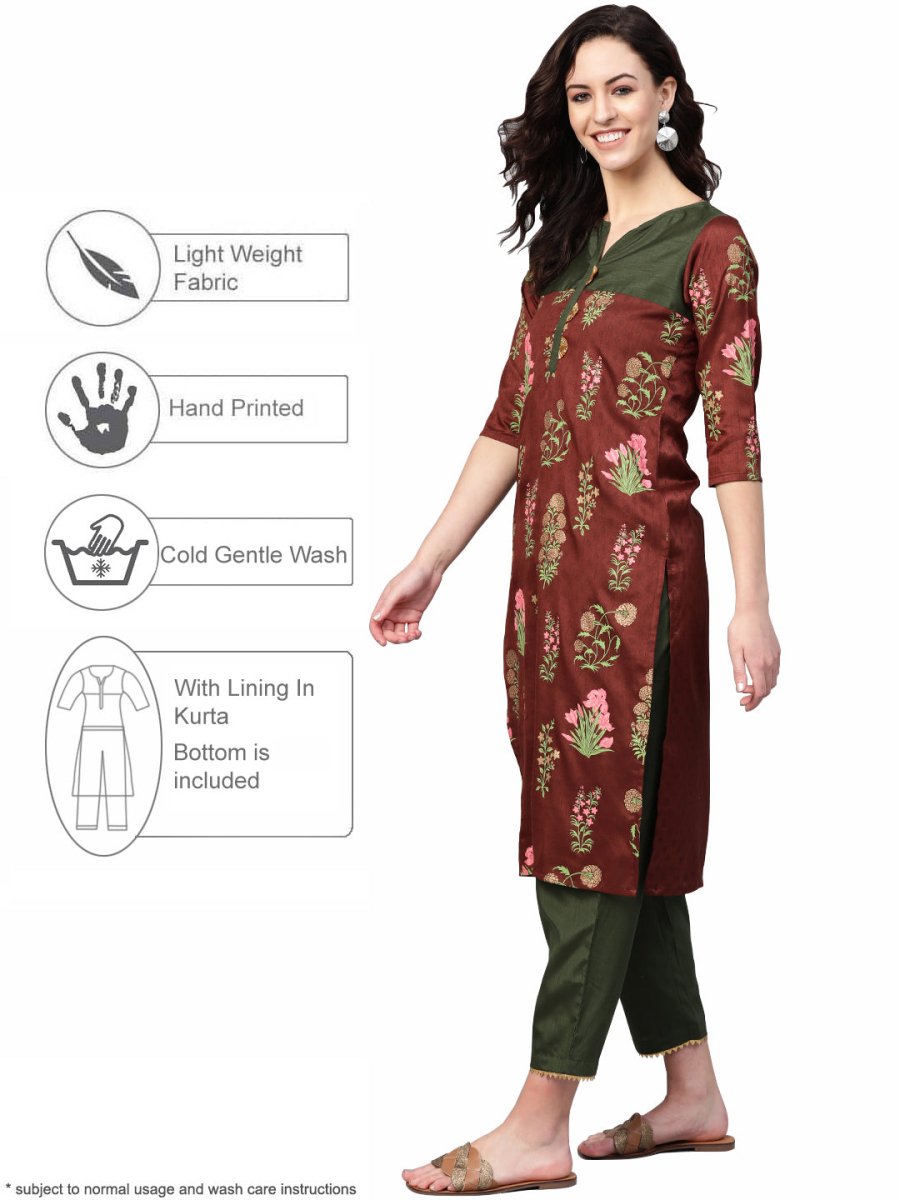 Ahalyaa Women Brown & Olive Green Printed Kurta with Palazzo