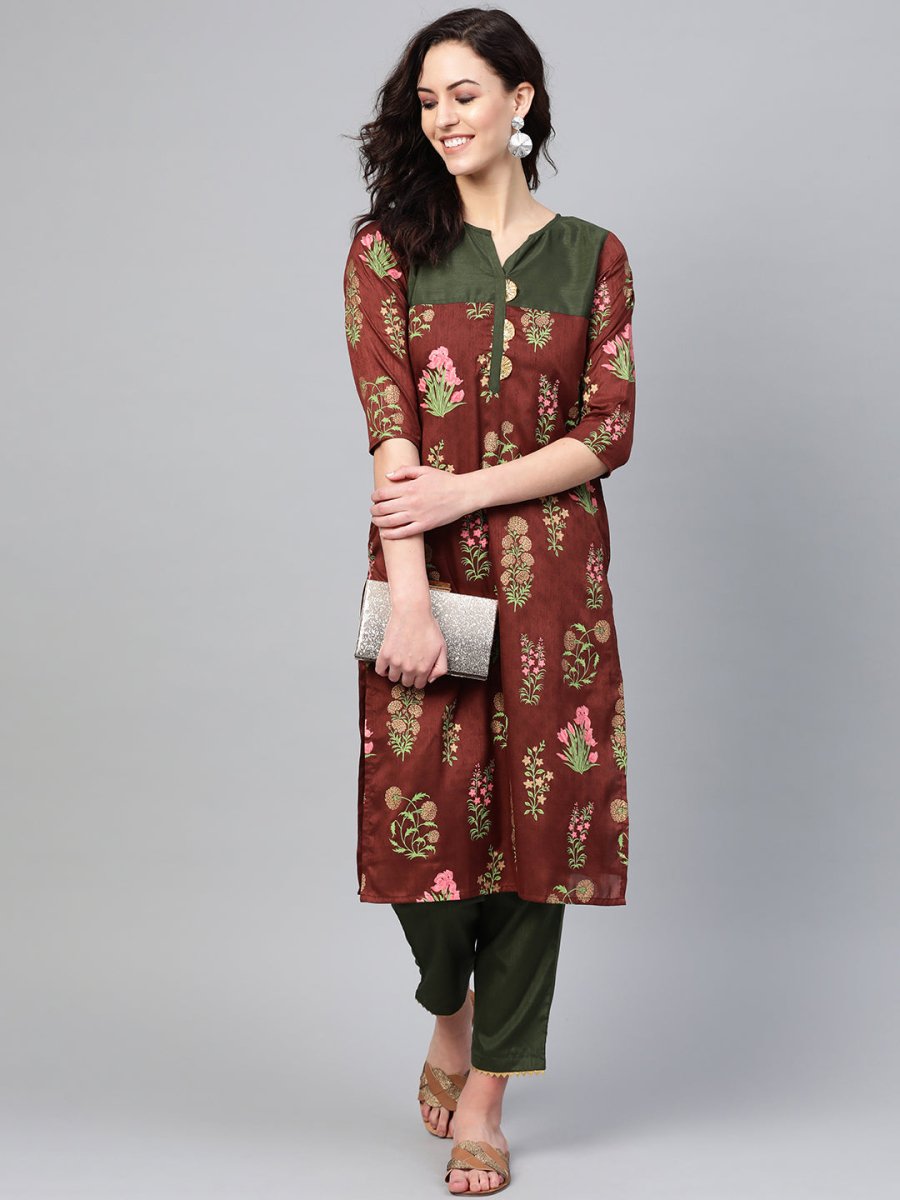 Ahalyaa Women Brown & Olive Green Printed Kurta with Palazzo