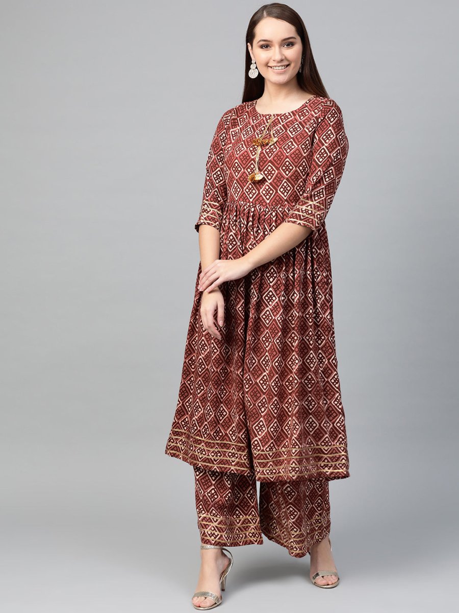 Ahalyaa Women Maroon & Off-White Printed A-Line Kurta with Palazzos