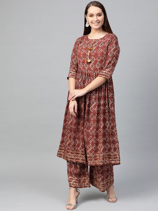 Ahalyaa Women Maroon & Off-White Printed A-Line Kurta with Palazzos