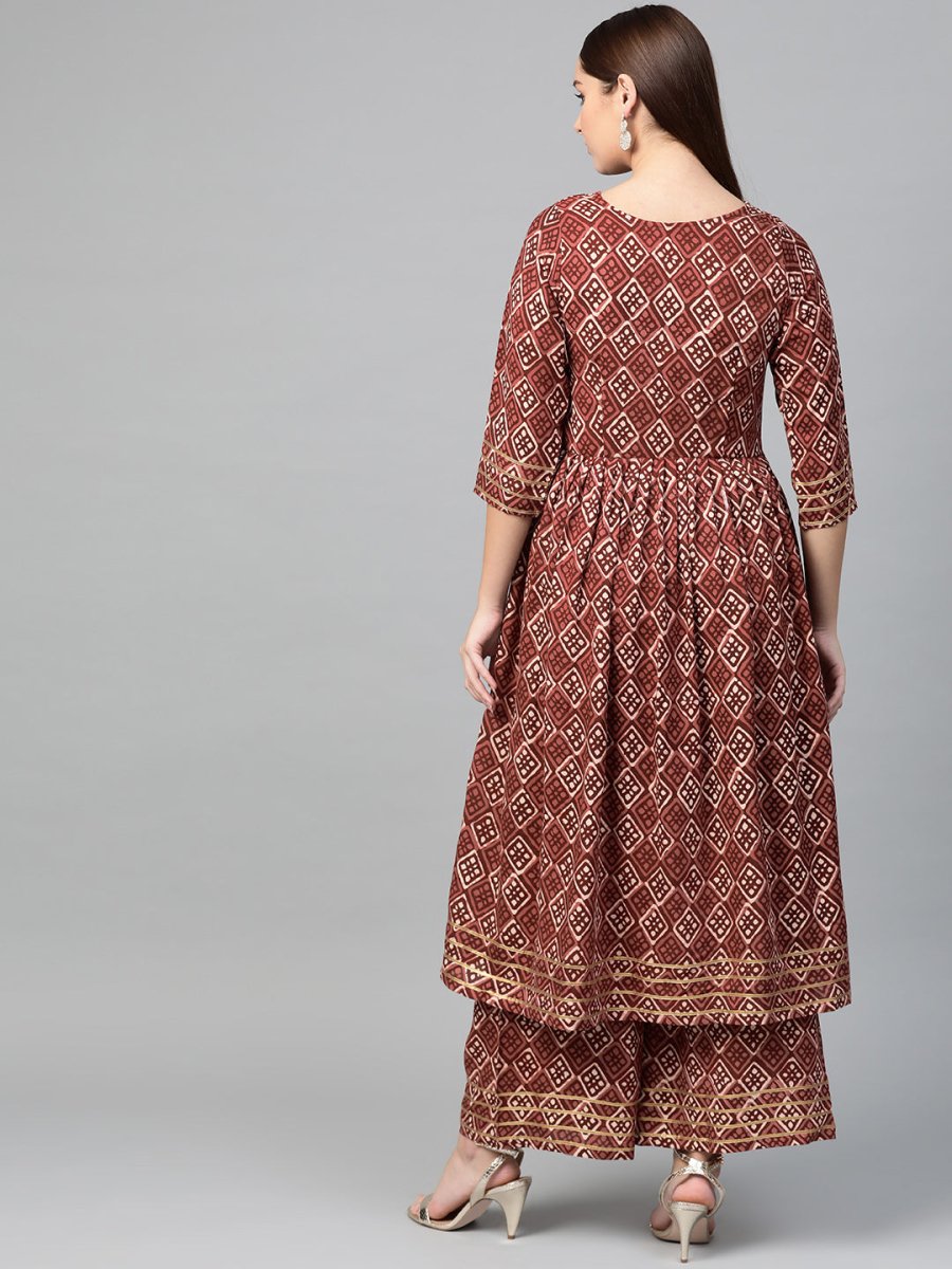 Ahalyaa Women Maroon & Off-White Printed A-Line Kurta with Palazzos
