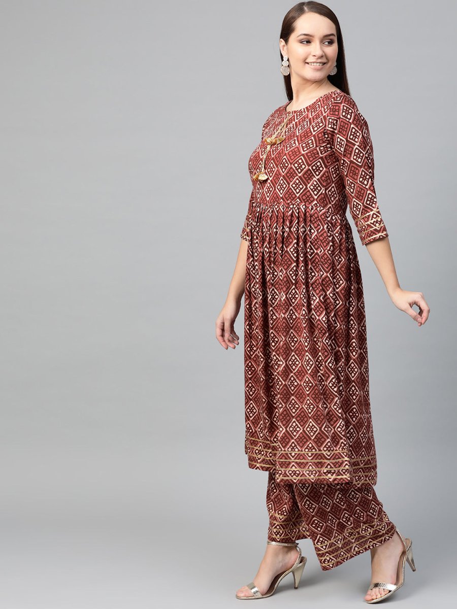 Ahalyaa Women Maroon & Off-White Printed A-Line Kurta with Palazzos