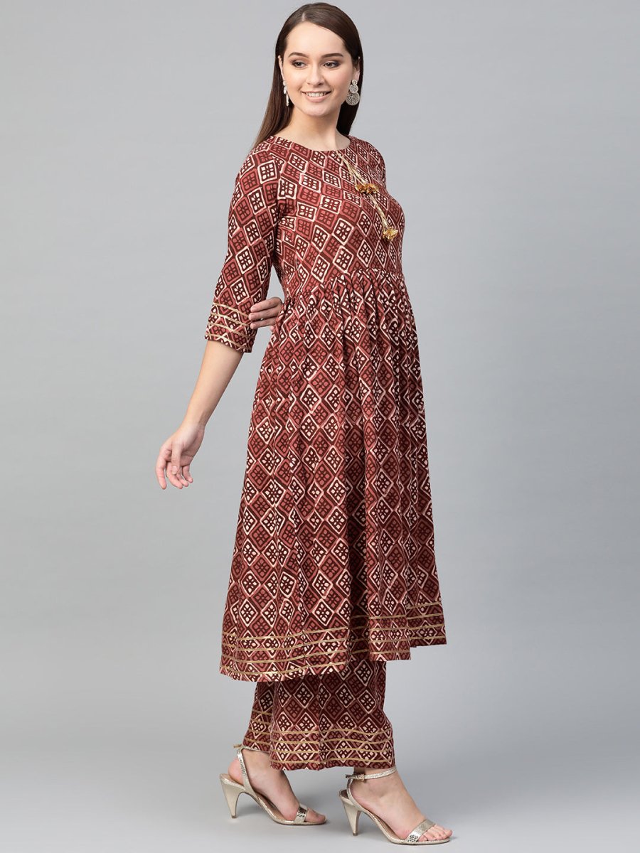 Ahalyaa Women Maroon & Off-White Printed A-Line Kurta with Palazzos