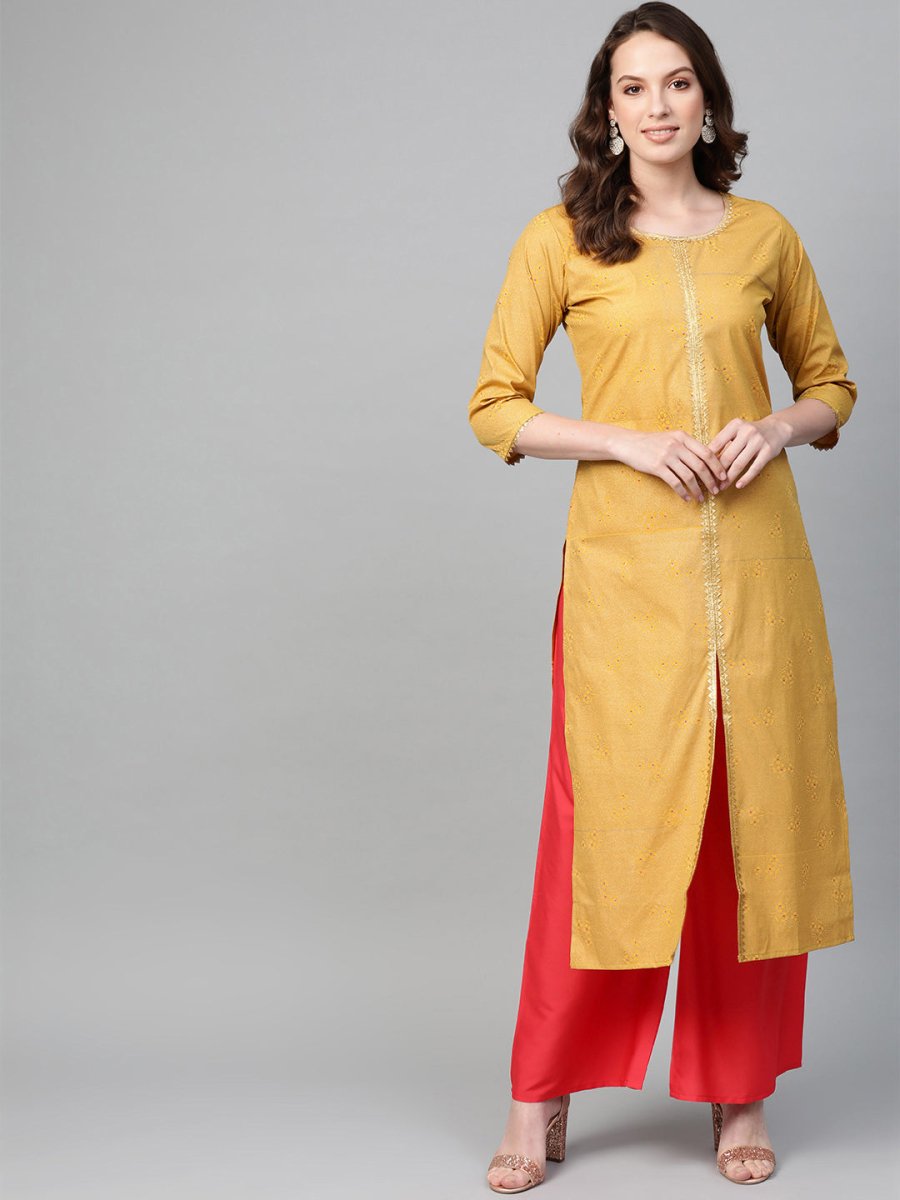 Ahalyaa Women Mustard Yellow & Coral Red Printed Kurta with Palazzo