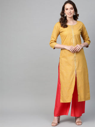 Ahalyaa Women Mustard Yellow & Coral Red Printed Kurta with Palazzo