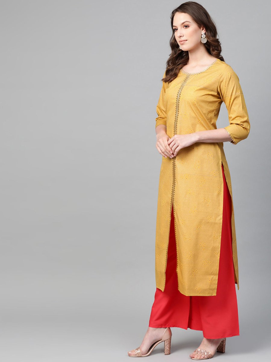 Ahalyaa Women Mustard Yellow & Coral Red Printed Kurta with Palazzo
