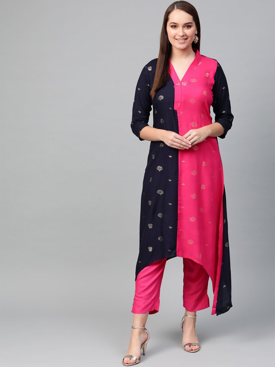Ahalyaa Women Navy Blue & Pink Colourblocked Kurta with Trousers