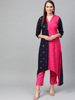Thumbnail for Ahalyaa Women Navy Blue & Pink Colourblocked Kurta with Trousers