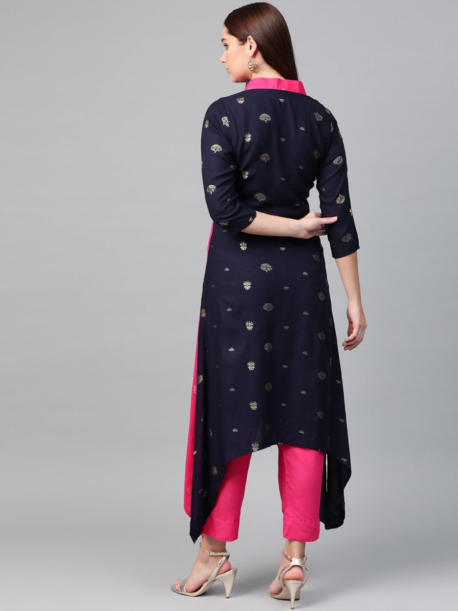 Ahalyaa Women Navy Blue & Pink Colourblocked Kurta with Trousers