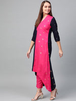 Thumbnail for Ahalyaa Women Navy Blue & Pink Colourblocked Kurta with Trousers