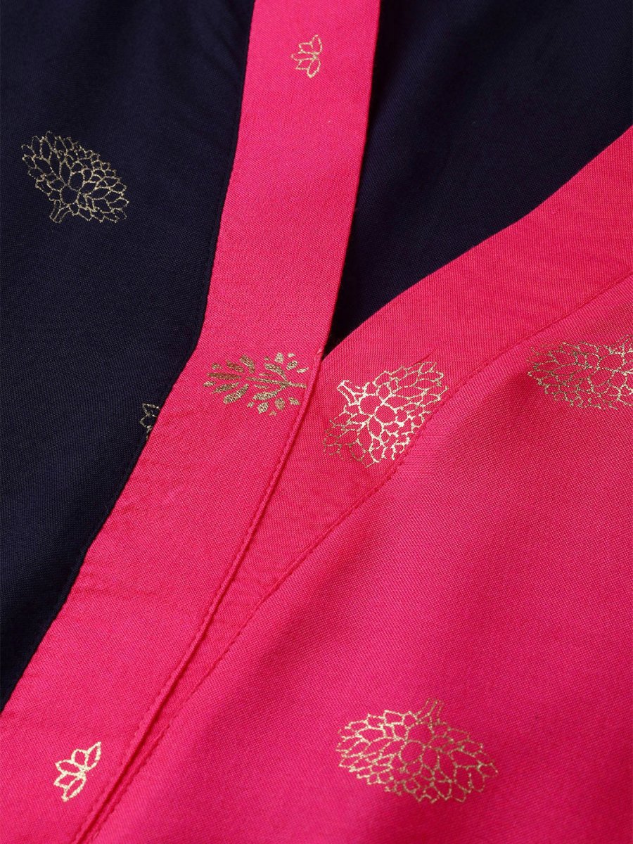 Ahalyaa Women Navy Blue & Pink Colourblocked Kurta with Trousers