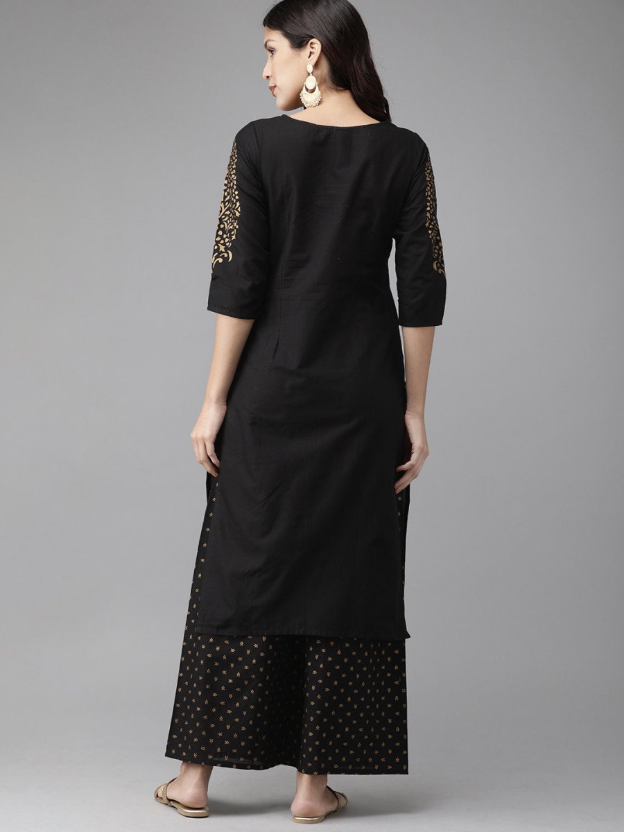 Ahalyaa Women Black & Golden Foil Print Kurta With Palazzo