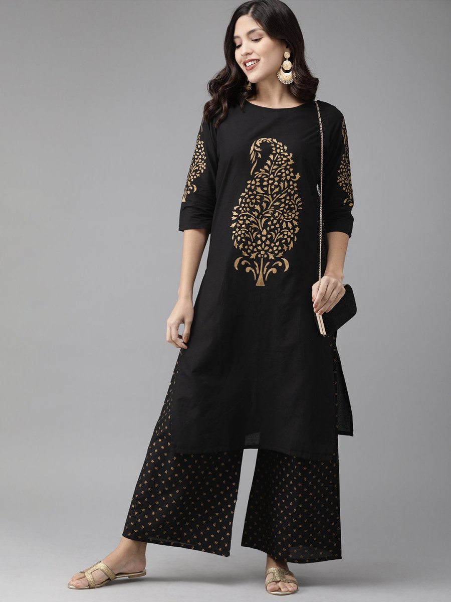 Ahalyaa Women Black & Golden Foil Print Kurta With Palazzo