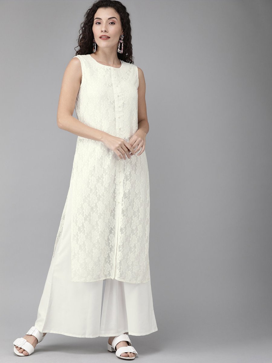 Ahalyaa White Embellished Kurta With Palazzo Set