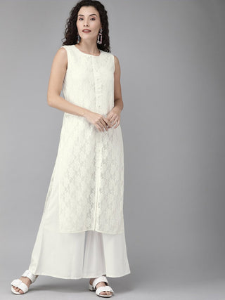 Ahalyaa White Embellished Kurta With Palazzo Set